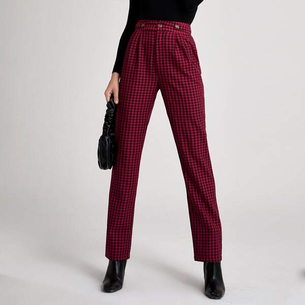 

Button Waist Gingham Pants, Burgundy