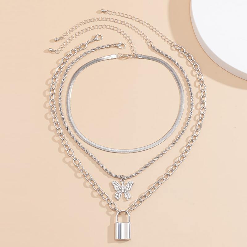 

3pcs Lock & Butterfly Charm Necklace, Silver