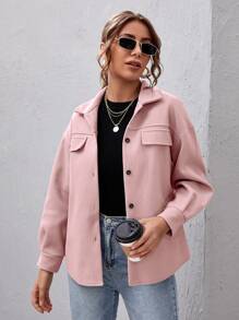 SHEIN Essnce Button Front Drop Shoulder Solid Coat - Dusty Pink - View 1