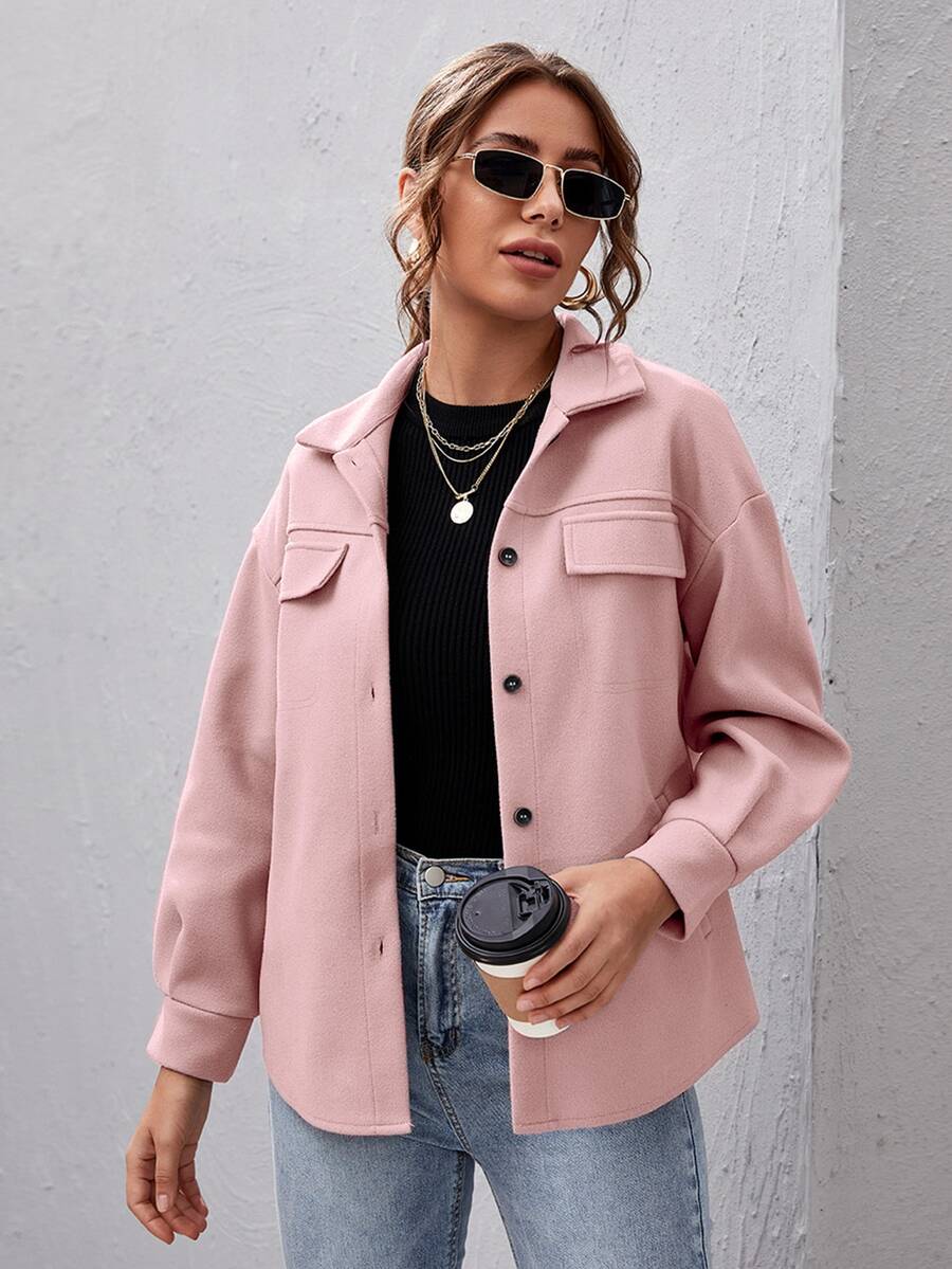 SHEIN Essnce Button Front Drop Shoulder Solid Coat - Dusty Pink - View 1