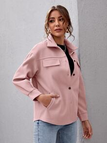 SHEIN Essnce Button Front Drop Shoulder Solid Coat - Dusty Pink - View 4