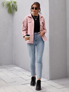 SHEIN Essnce Button Front Drop Shoulder Solid Coat - Dusty Pink - View 5
