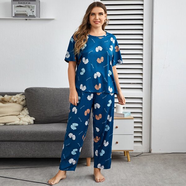 

Plus Leaf And Letter Graphic Satin PJ Set, Navy blue