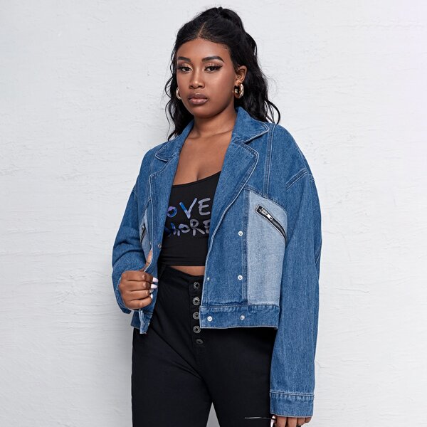 

на молнии Контрастный цвет Повседневный Джинсовая куртка размера плюс, Синий цвет средней стирки