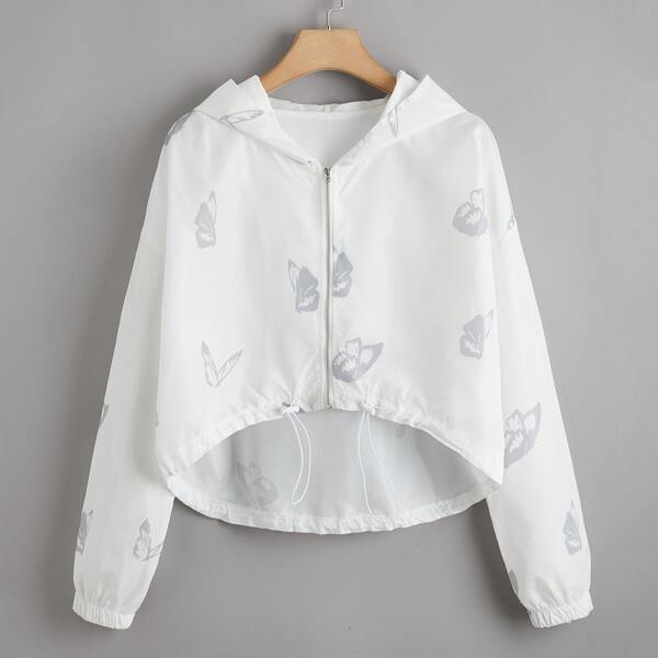 

Plus Butterfly Dip Hem Drawstring Windbreaker Jacket, White