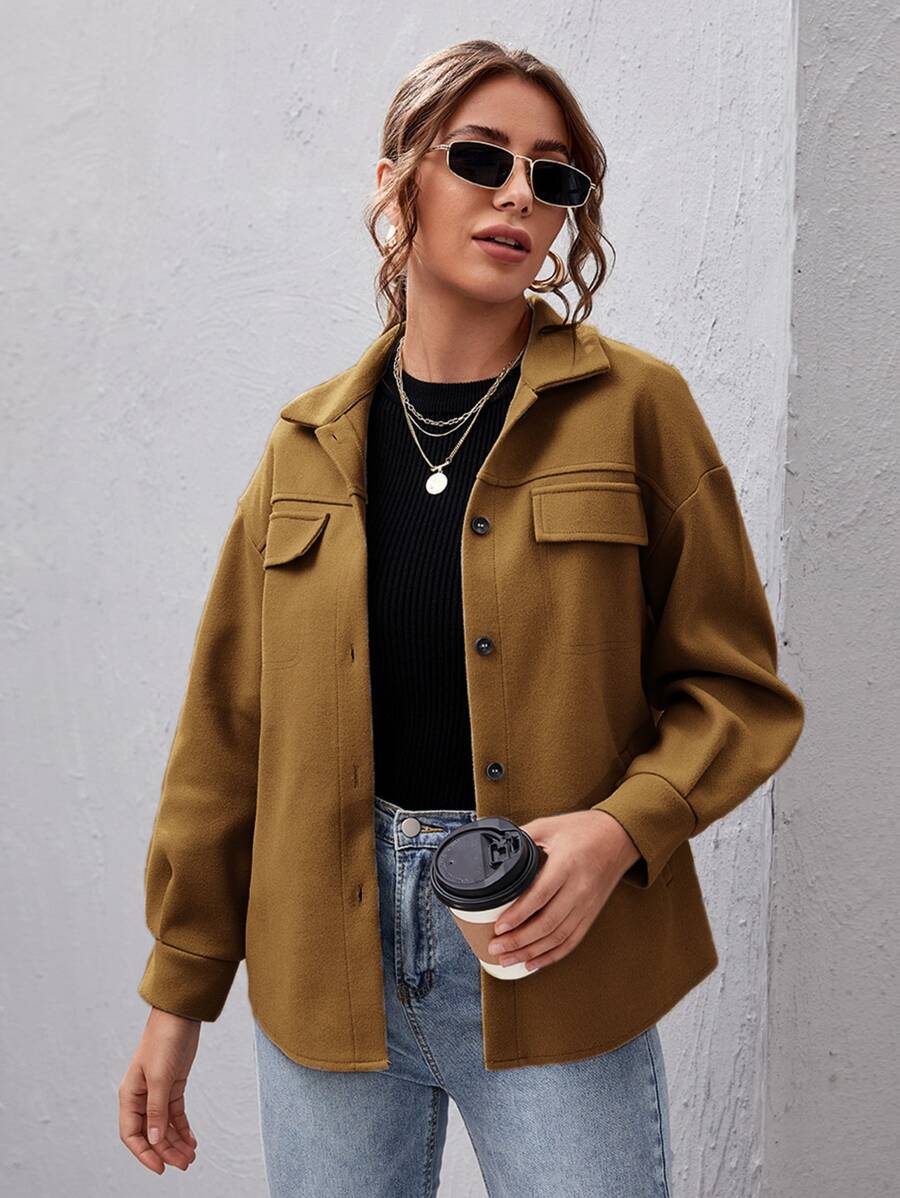 SHEIN Essnce Button Front Drop Shoulder Solid Coat - Brown - View 1
