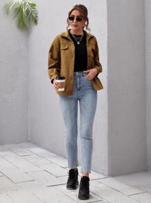 SHEIN Essnce Button Front Drop Shoulder Solid Coat - Brown - View 3