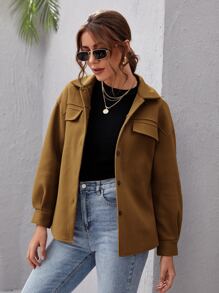 SHEIN Essnce Button Front Drop Shoulder Solid Coat - Brown - View 5