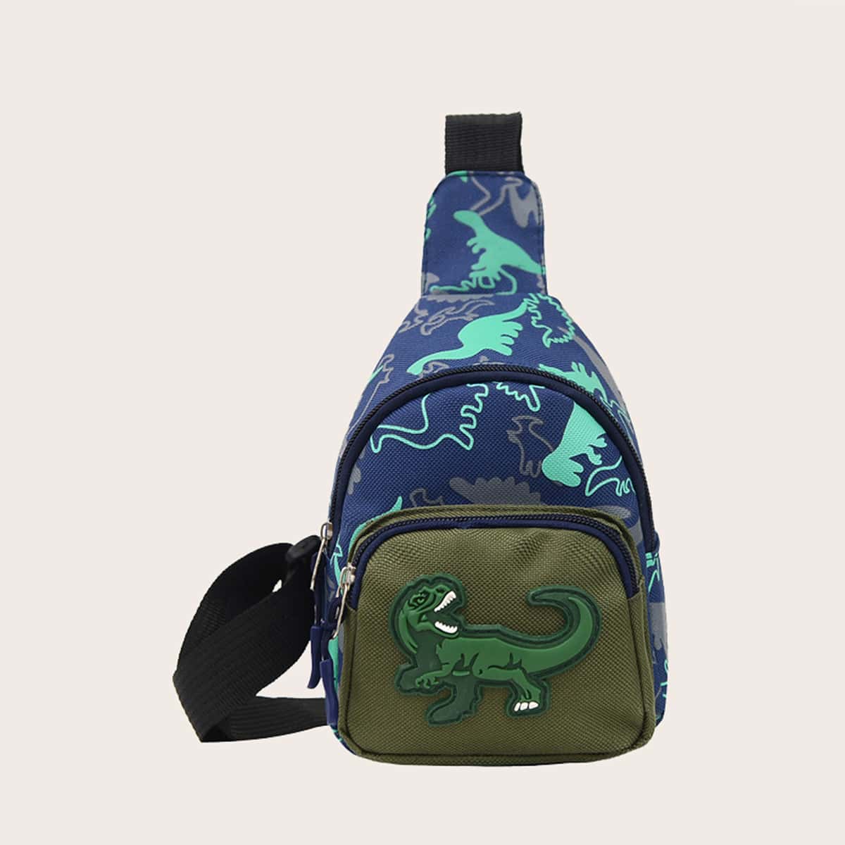 

Dinosaur Print Pocket Front Sling Bag, Blue