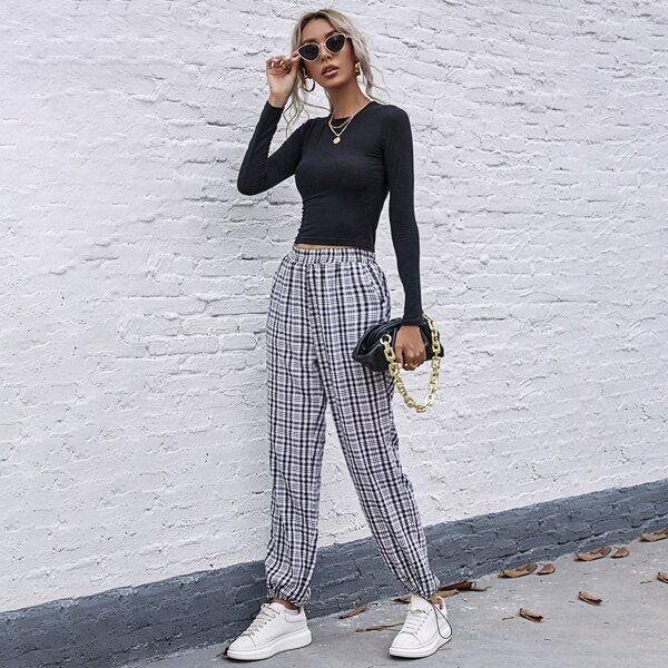 

Plaid Drawstring Hem Carrot Pants, Multicolor