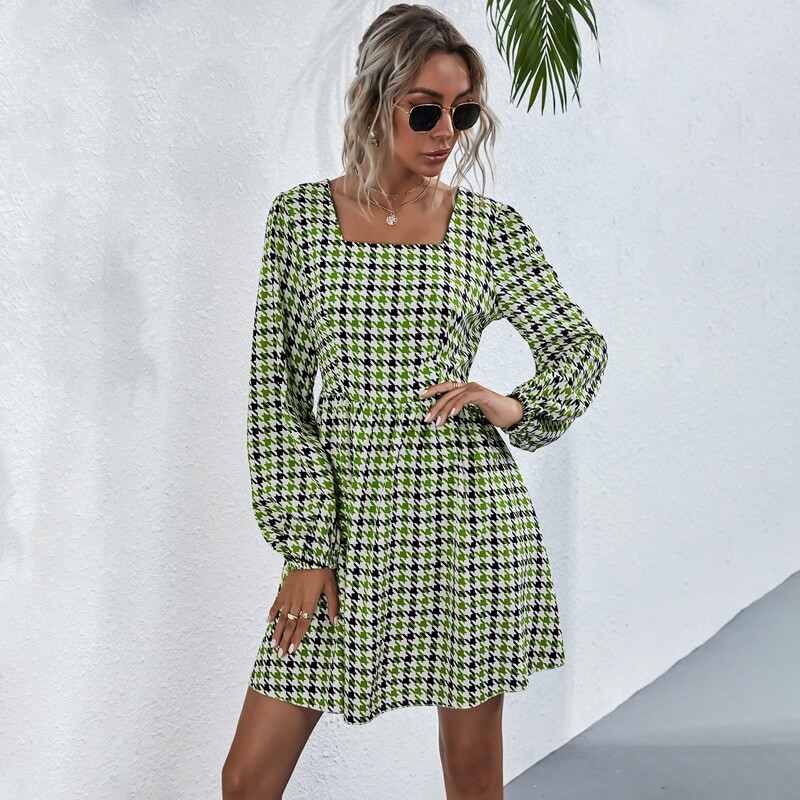 

Houndstooth Square Neck Dress, Multicolor