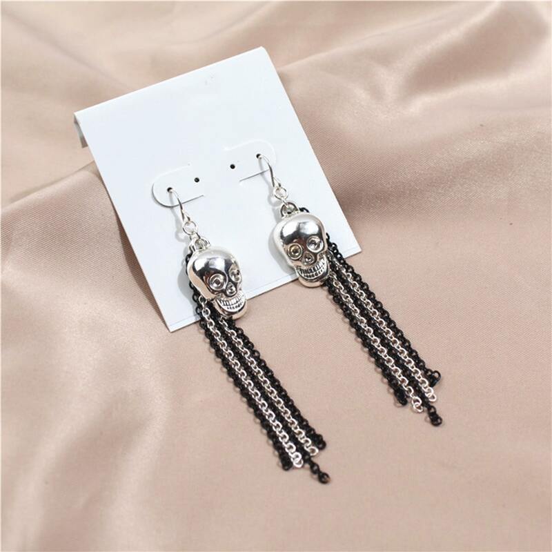 

Skull Tassel Drop Earrings, Silver