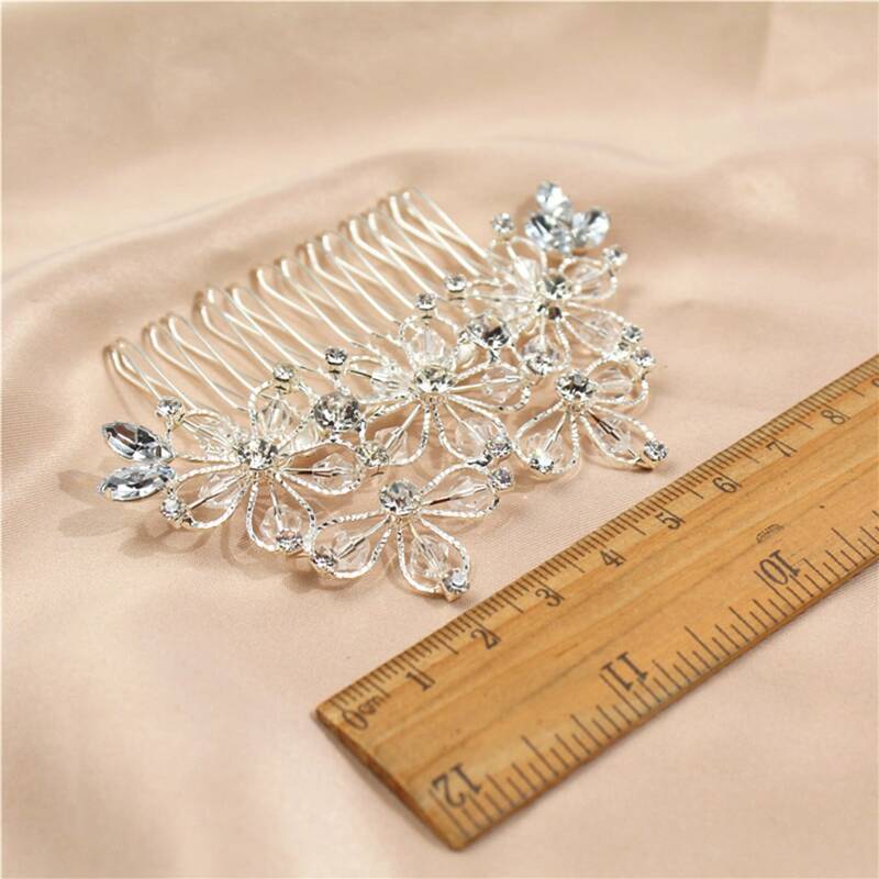 Rhinestone Flower Decor Hair Comb, Silver