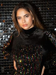 SHEIN Mock Neck Colourful Sequin Velvet Bodycon Dress - Black - View 5