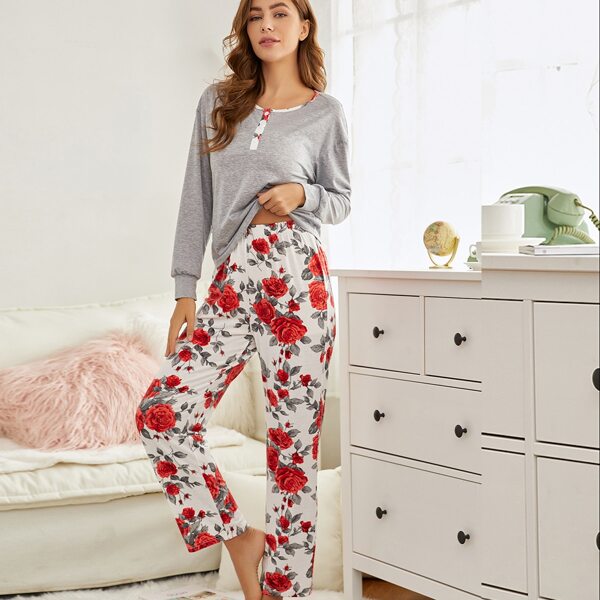 

Half Button Tee & Floral Pants Pajama Set, Multicolor
