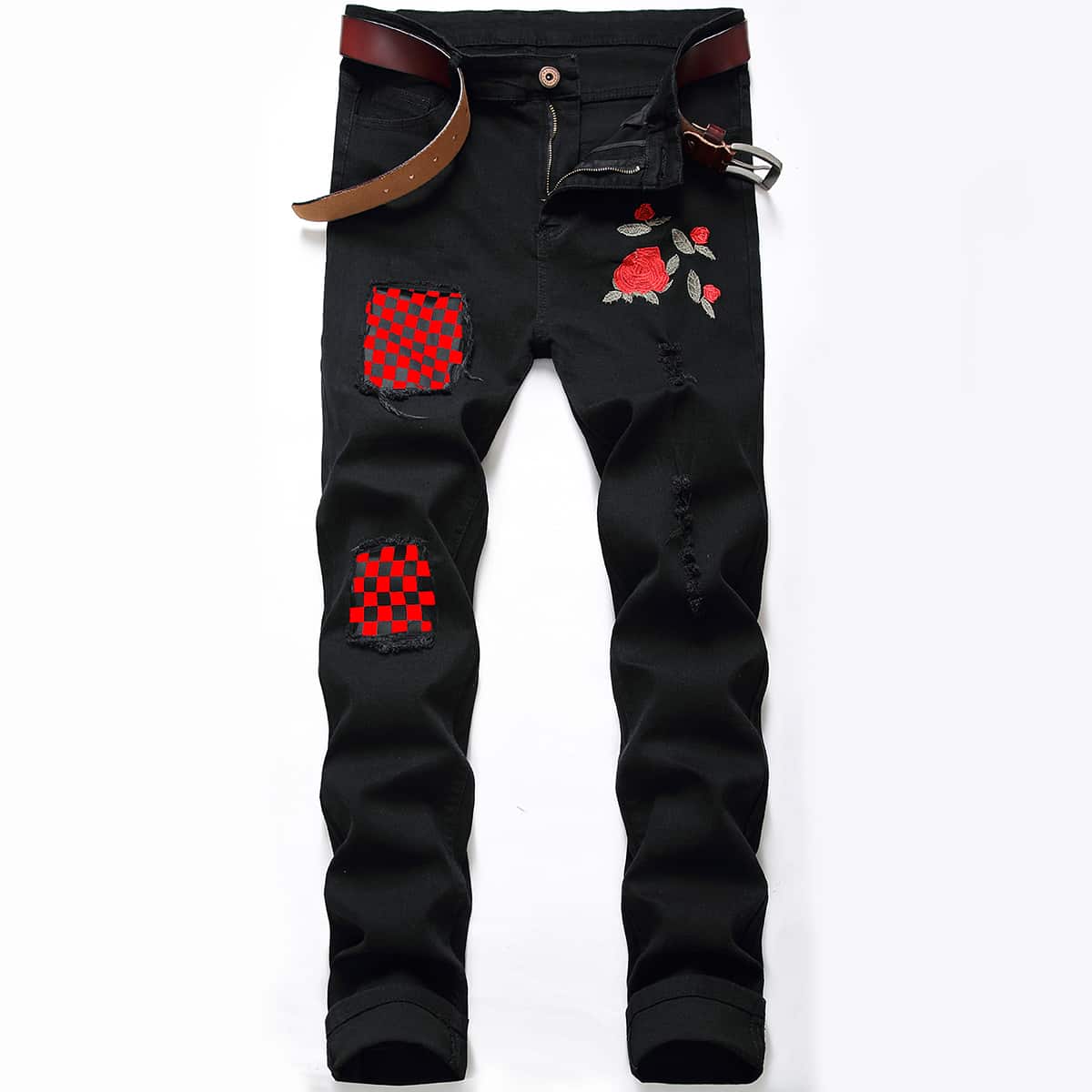 

Guys Rose Embroidery Plaid Jeans, Black