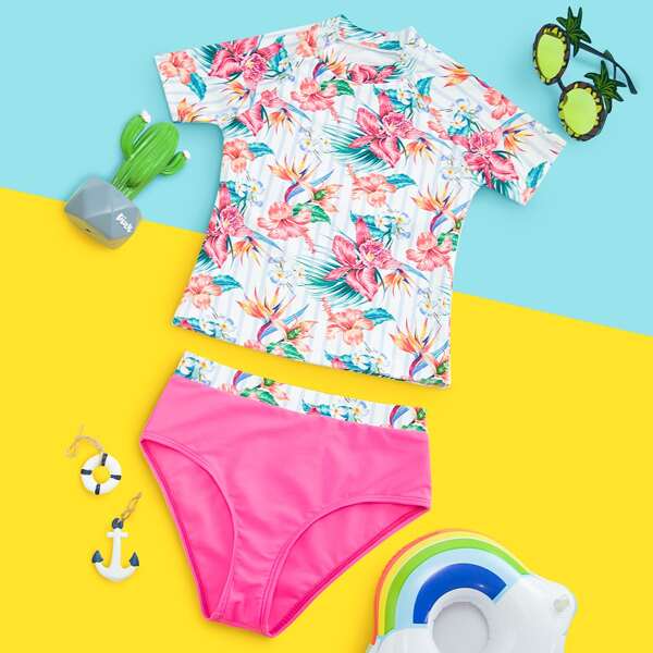 

Girls Floral High Waisted Bikini Swimsuit, Multicolor
