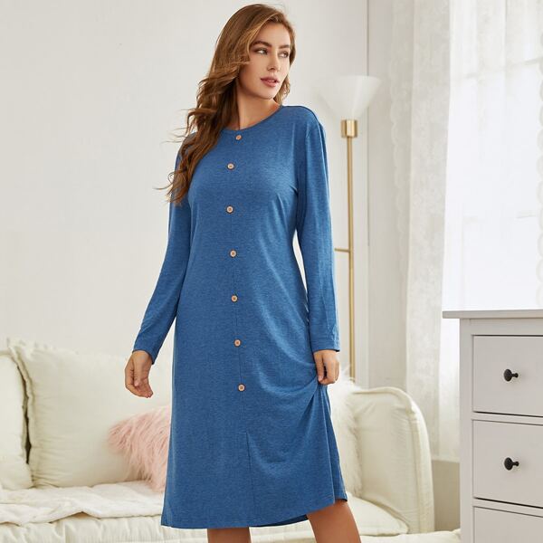 

Solid Button Detail Night Dress, Blue