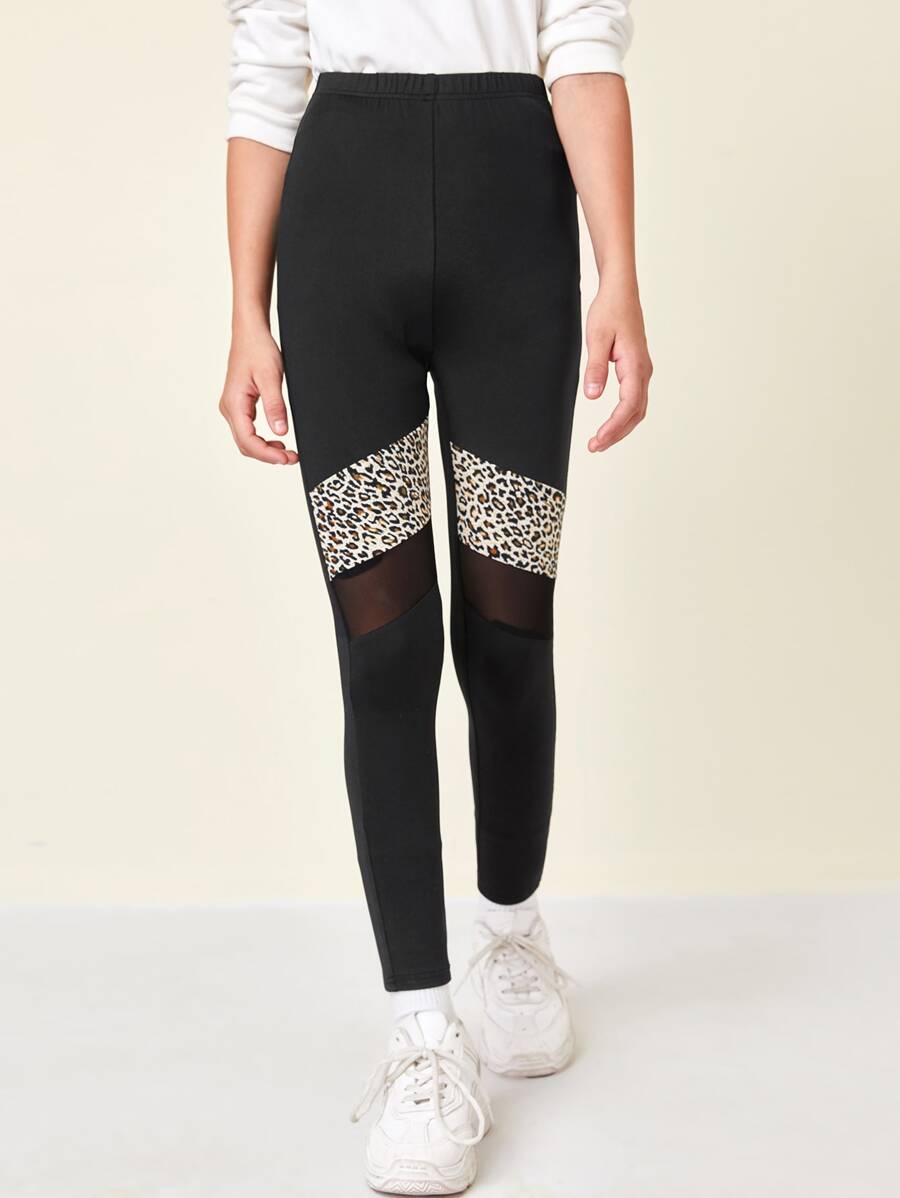 SHEIN Girls Leopard Panel Sheer Mesh Insert Leggings - Black - View 1