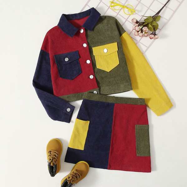 

Girls Flap Pocket Colorblock Cord Jacket & Skirt Set, Multicolor