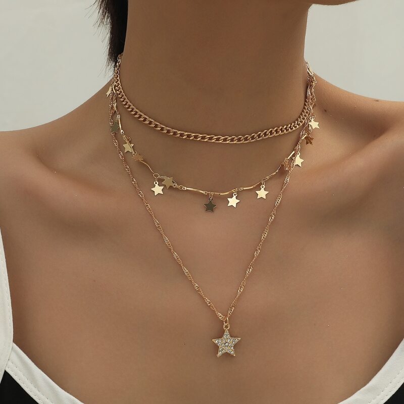 

Rhinestone Star Layered Chain Necklace, Gold
