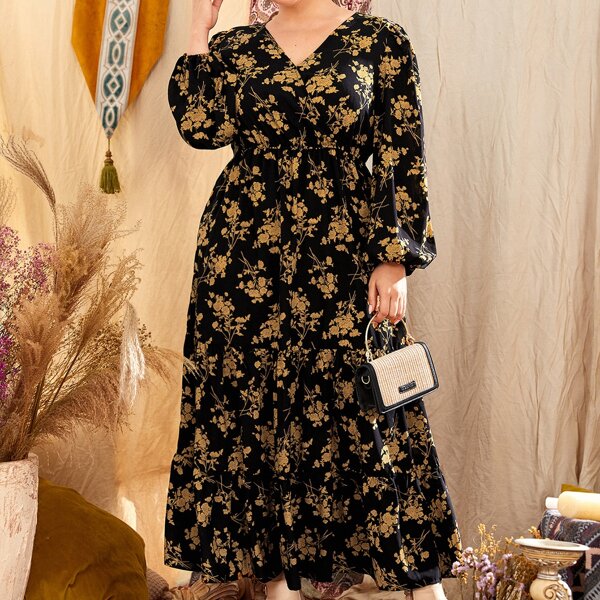 

Plus Flower Print Surplice Front Dress, Black