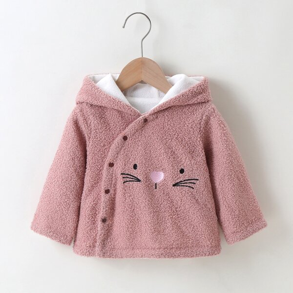 

Baby Girl 3D Ear Design Cartoon Embroidered Teddy Coat, Dusty pink