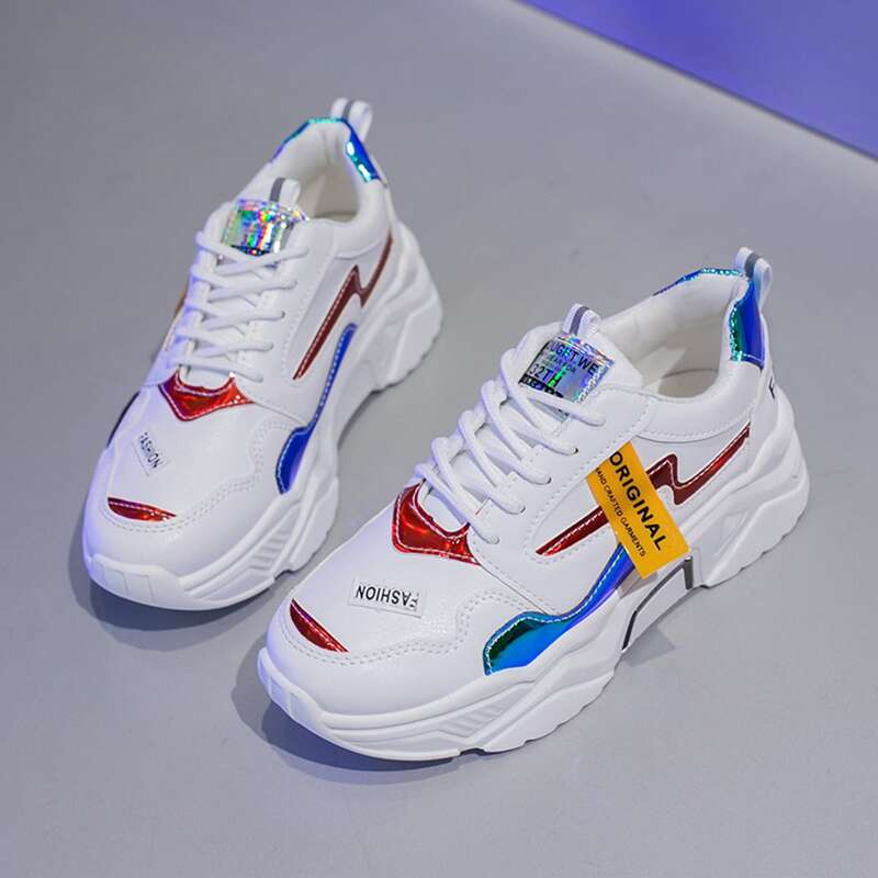 

Holographic Lace-up Front Chunky Sneakers, White