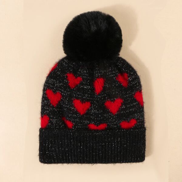

Heart Pattern Knit Beanie, Black