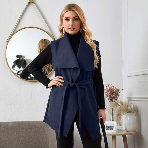 

Plus Waterfall Collar Belted Vest Coat, Navy blue