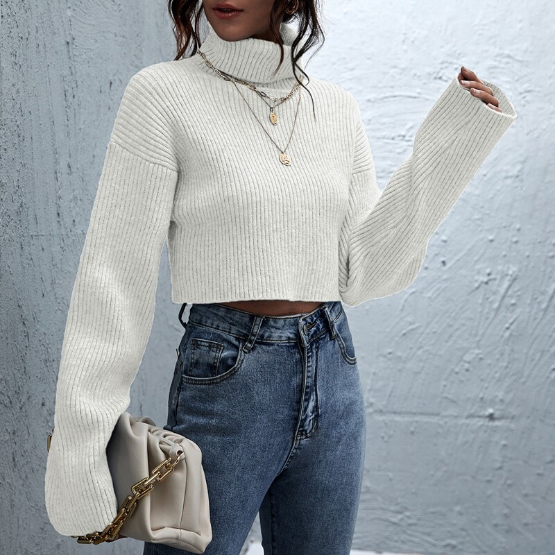 

Rolled Neck Drop Shoulder Crop Sweater, White