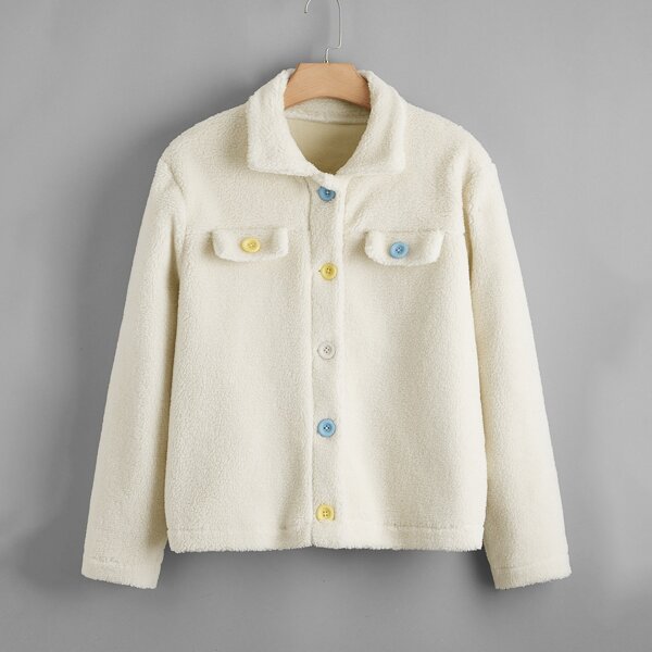 

Plus Fake Pocket Button Front Teddy Jacket, Beige