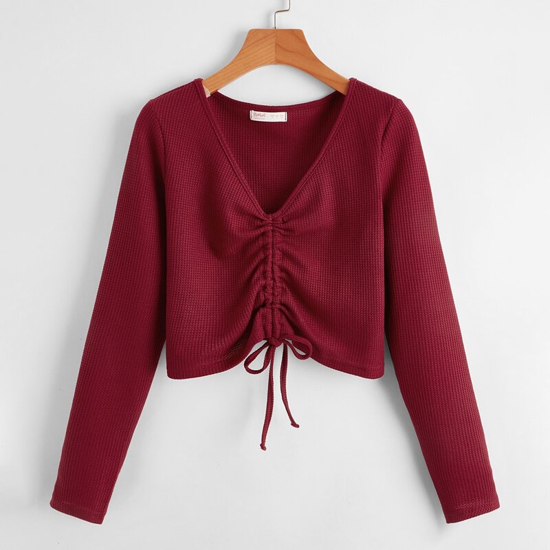 

Solid Drawstring Crop Sweater, Burgundy