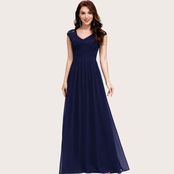 

V Neck Lace Bodice Maxi Prom Dress, Navy blue
