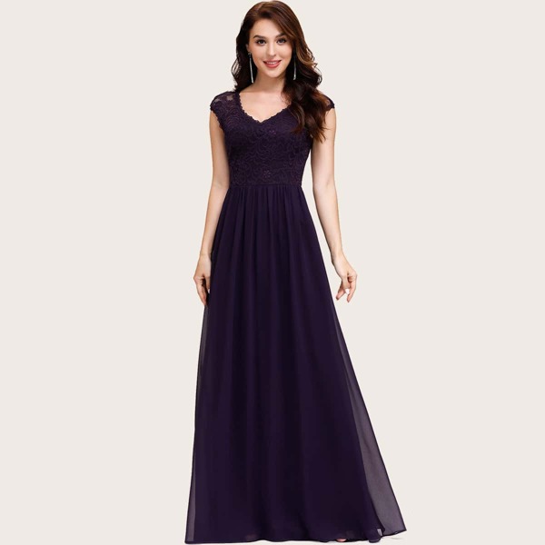 

V Neck Lace Bodice Maxi Prom Dress, Purple