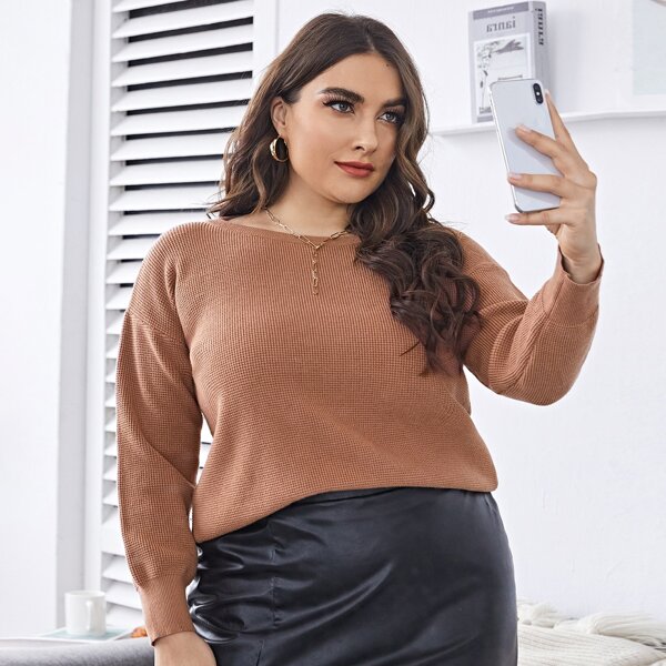 

Plus Drop Shoulder Solid Sweater, Apricot