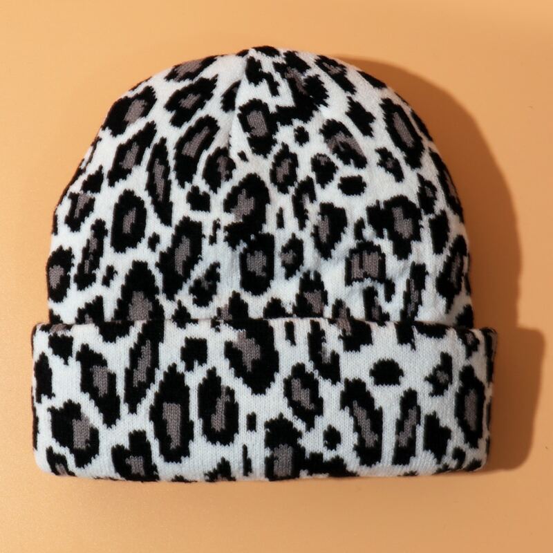 

Leopard Knitted Beanie, Black and white