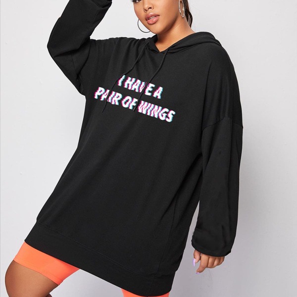 

Plus Slogan Graphic Drawstring Longline Hoodie, Black