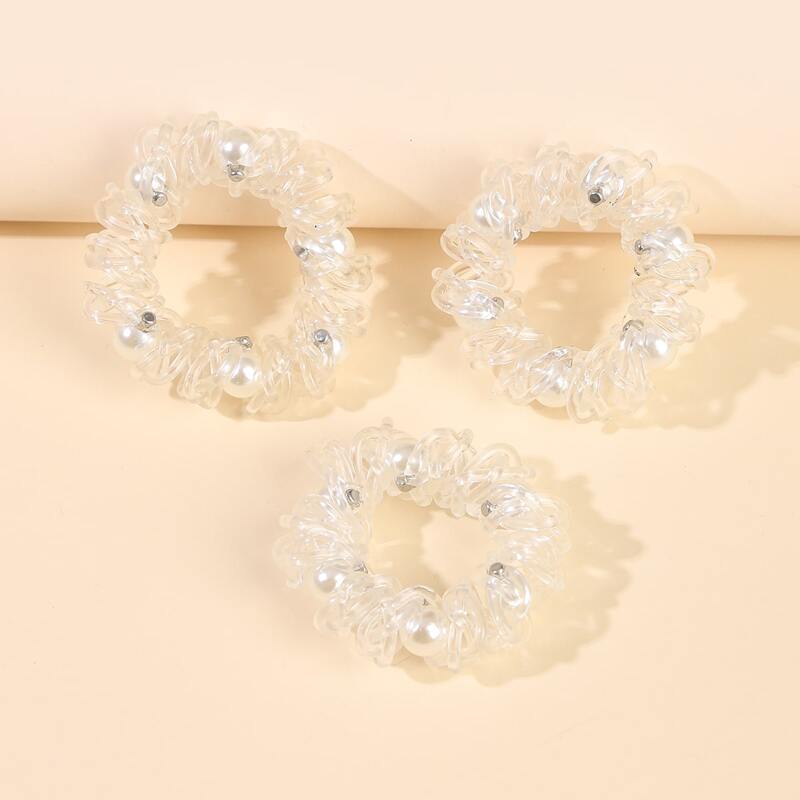 

3pcs Faux Pearl Decor Coil Hair Tie, White
