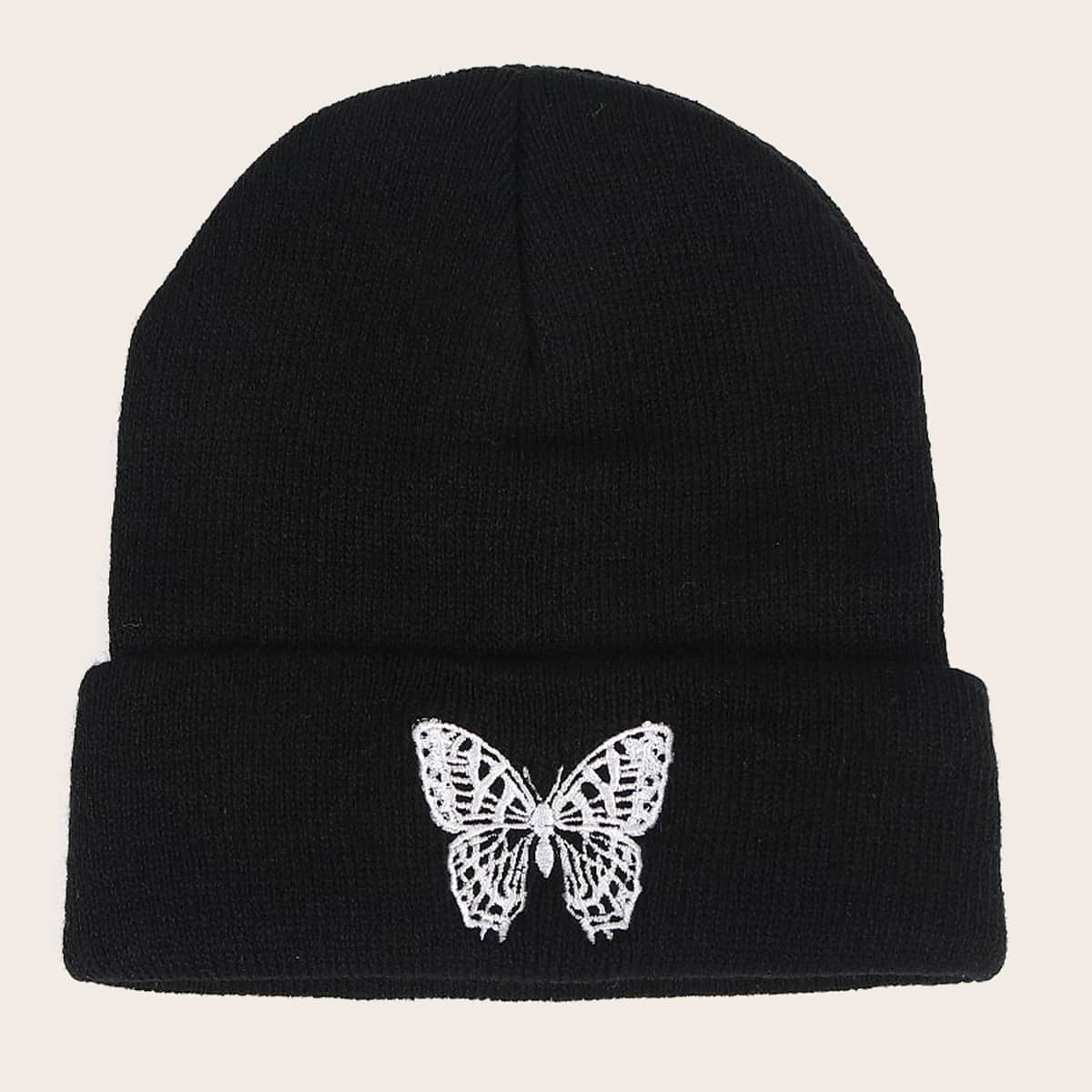 

Butterfly Embroidery Knit Beanie, Black