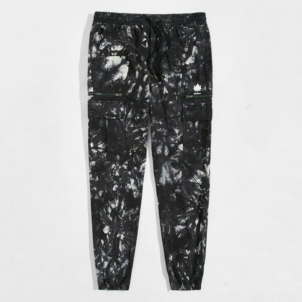 

Men Flap Pocket Tie Dye Cargo Pants, Black and white