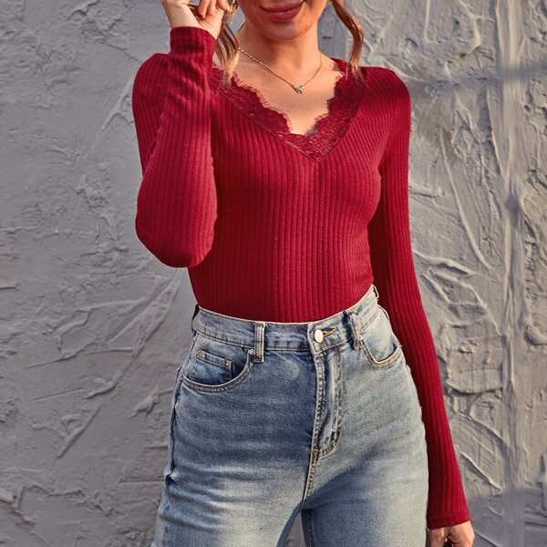 

Lace Trim Rib-knit Top, Burgundy