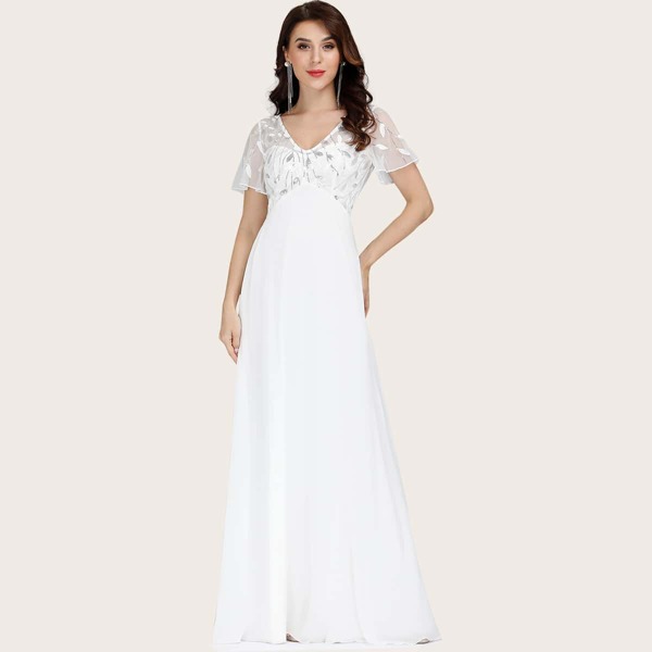 

Sequin Leaf Mesh Prom Dress, White