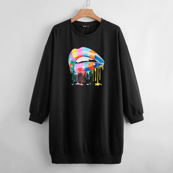 

Plus Lip And Drip Print Sweatshirt Dress, Black