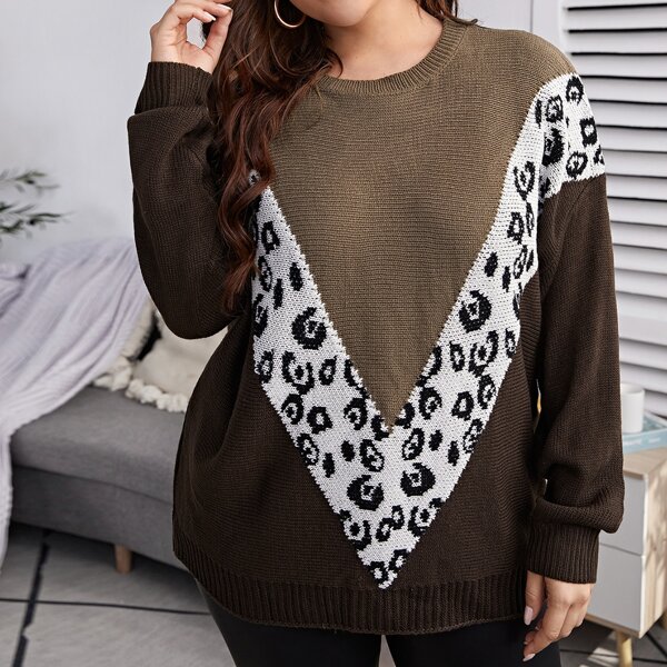 

Plus Chevron Pattern Drop Shoulder Sweater, Brown