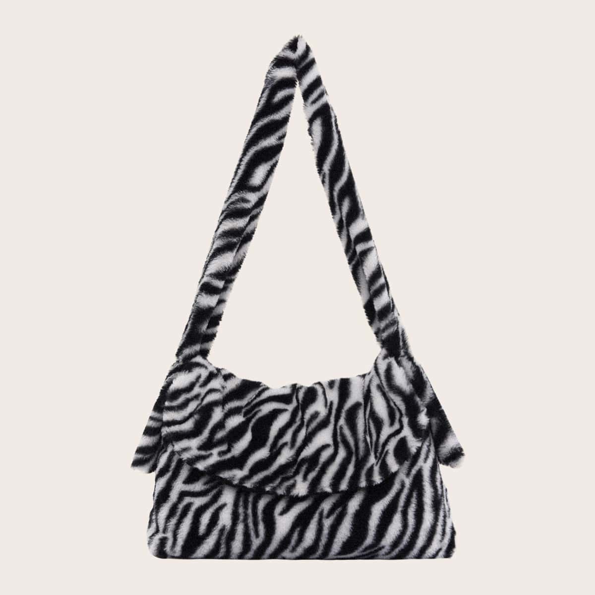 

Zebra Striped Pattern Fluffy Shoulder Bag, Black and white
