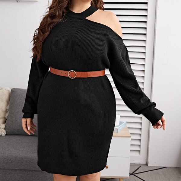 

Plus Cut Out Shoulder Rib-knit Sweater Dress Without Belt, Black