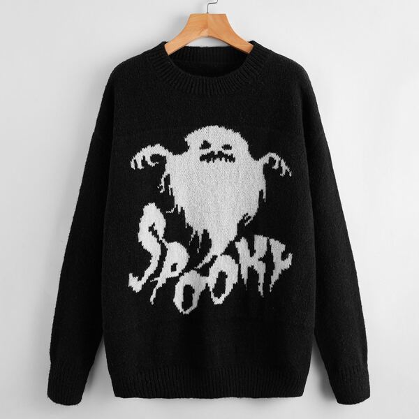 

Drop Shoulder Spooky Pattern Sweater, Black