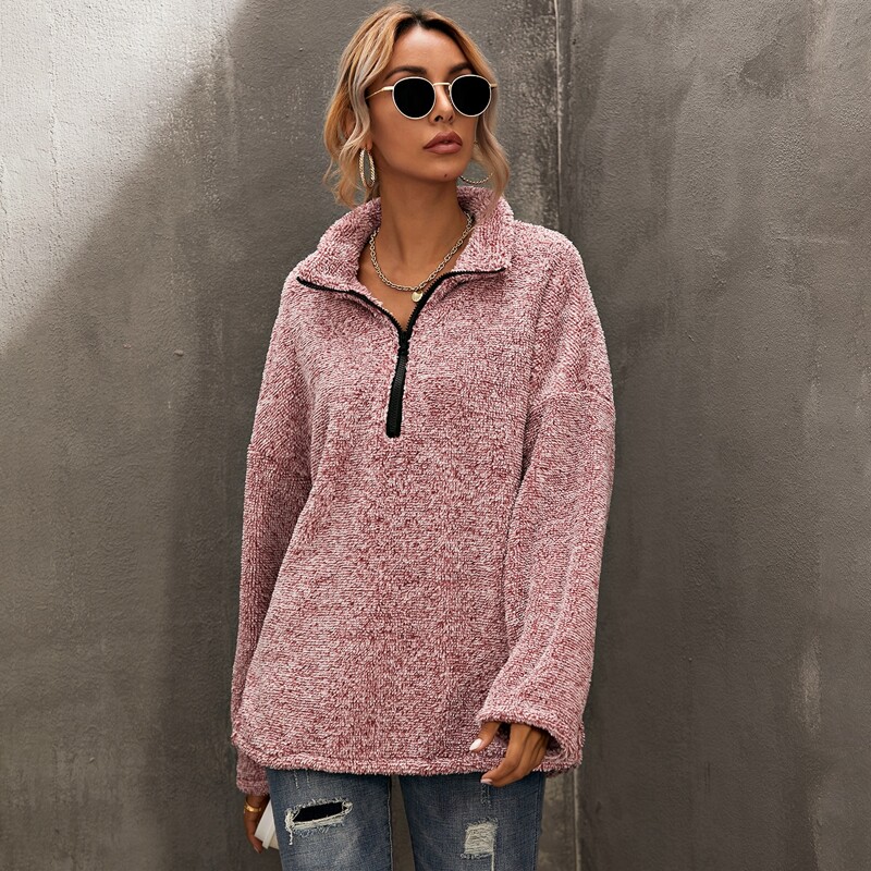 

Zip Half Drop Shoulder Teddy Sweatshirt, Dusty pink