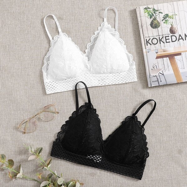 

2pack Floral Lace Bra Set, Black and white
